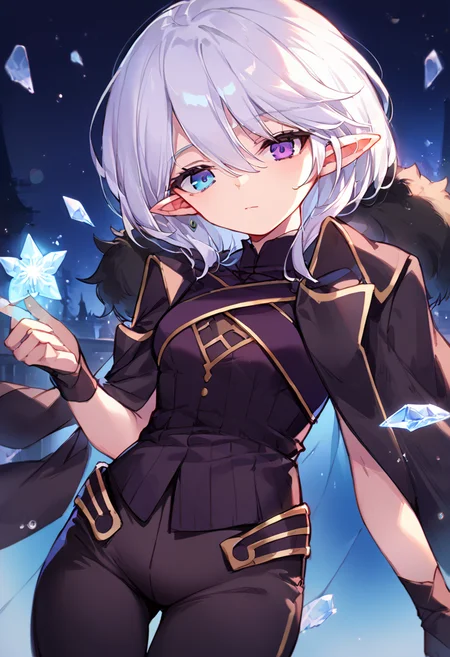 score_9,score_8_up,score_7_up,source_anime,zPDXL3,game cg,moody lighting,cinematic lighting,night,novel illustration,magic,snowflakes,ice,
*//*,<lora:Reina-v1.0:0.8>,reina_maple,1girl,solo,heterochromia,blue eyes,purple eyes,short hair,white hair,hair between eyes,bangs,pointy ears,fur trim,black cape,black gloves,black shirt,black pants,
*//*,looking at viewer,cowboy shot,dutch angle,
