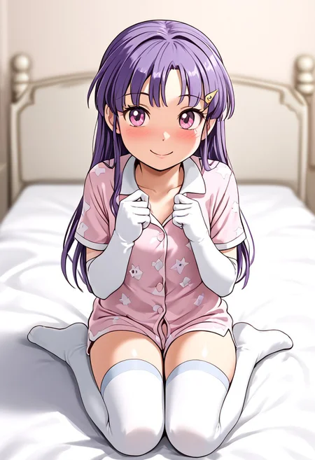 score_4,score_5,score_6,score_7_up,score_8_up,score_9 ((masterpiece,best quality,ultra detailed,highres,HD,4k:1.2)), 
1 girl,solo,face focus,
Fujiko.F.Fujio,,Eyelashes,
pajamas,hair clip,white gloves, white thighhighs, suit,pink eyes, elbow gloves,purple hair,long hair,
smile,blush,