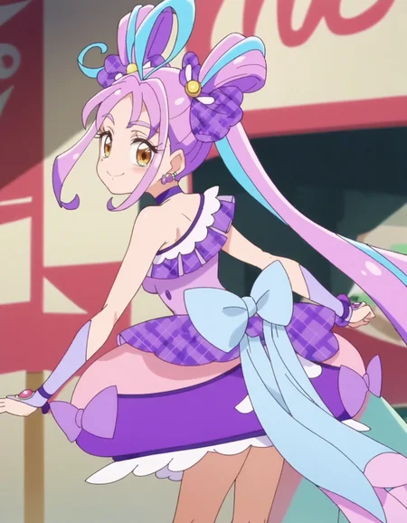 score_9, score_8_up, score_7_up, anime screencap,solo,1girl,curekyunkyun, purple choker, jewelry, dress, looking at viewer, magical girl, earrings, choker,dress, bow, wrist cuffs, hair ornament,small breasts,smile,blush,
from behind<lora:curekyunkuyn_pony:0.8>