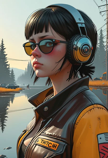 Bad-Ass Biker Girl As a Twitch Streamer, bored.
Many details everywhere.
Ray-Tracing.
Anti-Aliasing.
Realistic reflections.
Realistic soft shadows.
Slightly desaturated colors.
Insane quality.
Insane resolution.
Insane details.
Masterpiece.
16k resolution.
By Simon Stalenhag.