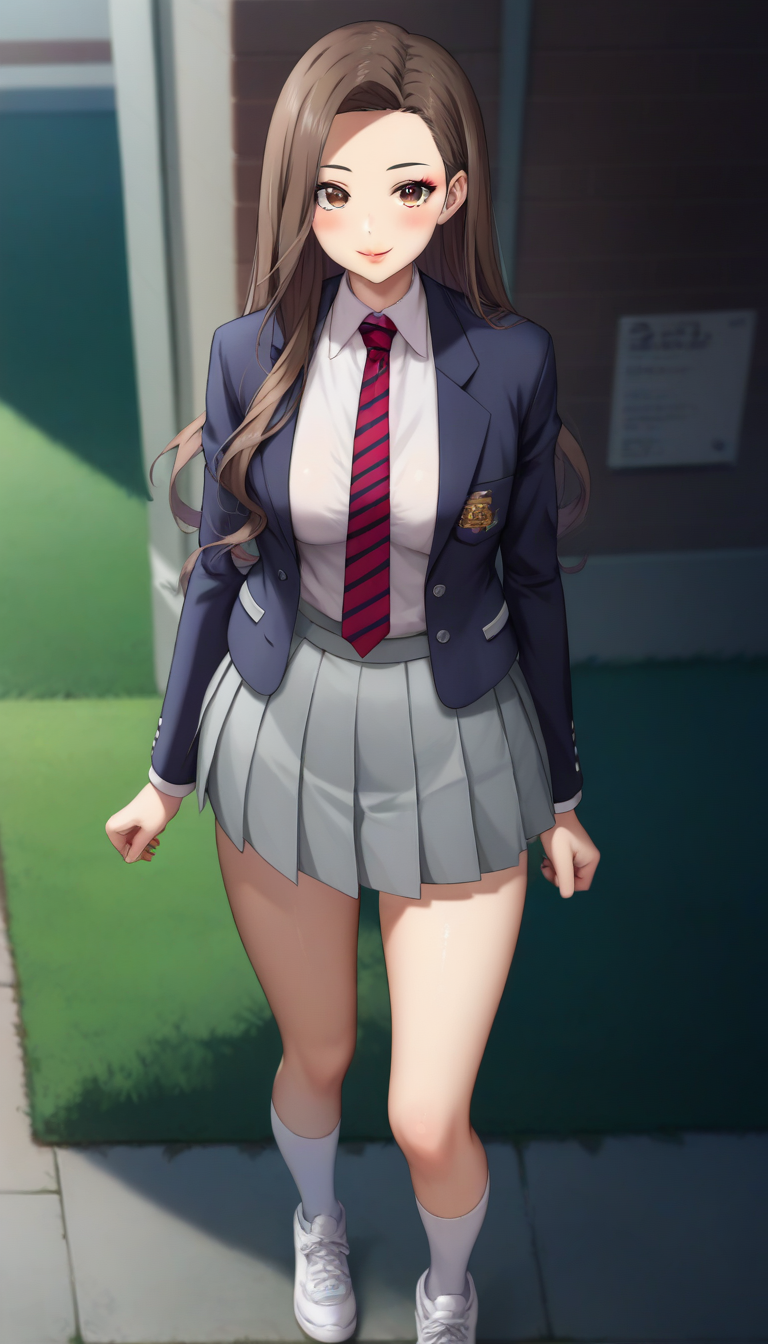 score_9,score_8_up,score_7_up,score_6_up BREAK official art,solo,outdoors,cowboy shot,looking at viewer,facing viewer,smile,blush,Jugyeong Lim,long hair,brown hair,forehead,makeup,eyelashes,brown eyes,lips,lipstick,close mouth,school uniform,blue jacket,blazer,open jacket,white shirt,collared shirt,red necktie,striped necktie,long sleeves,medium breasts,skindentation,shirt tucked in,miniskirt,grey skirt,pleated skirt,white socks,sneakers,white footwear,<lora:Jugyeong Lim(tb)-Pony:1.4>,