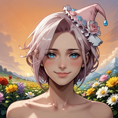 score_9, score_8_up, score_8, score_7_up, score_7, ExpressiveH, portrait, face focus
BREAK
1girl, solo, Xania, blue eyes, white hair, pink hair, short hair, weedingxania, pink hat, flowers, looking at viewer, head tilt, seductive look, looking at viewer, lips parted, blushing, mischievous smile
BREAK
Garden, sunset, orange sky, purple sky, mountainous horizon