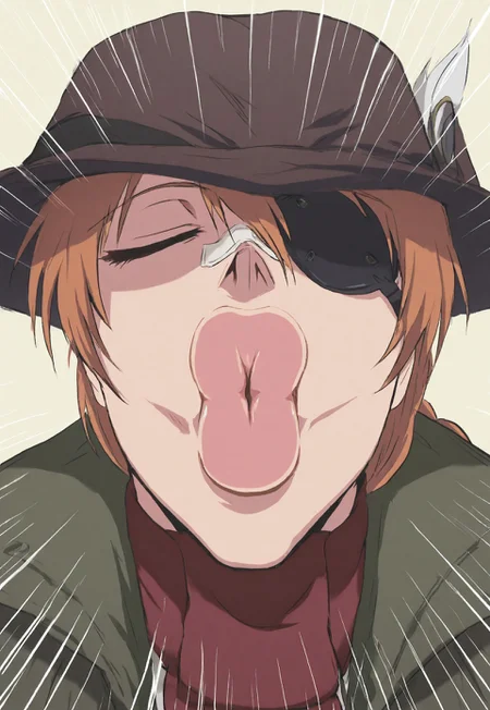 safe_pos, masterpiece, best quality, amazing quality, very aesthetic, absurdres, chibi:1.6, PipBernadotte, 1boy, solo, male focus, orange hair, braided ponytail, dark skin, closed eyes, black eyepatch, bandaid on nose, brown hat, green jacket,white shirt, red scarf, incoming kiss, emphasis lines, yellow background, simple background, close-up, <lora:kiss_Illustrious:0.8>,kiss, hetero, oral_invitation,closed mouth,thick lips,