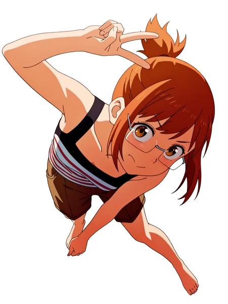 masterpiece, best quality, amazing quality, absurdres, newest, dynamic_angle, defined facial features, anime coloring, anime screencap, white background,
<lora:4in1_Chio_Manana_Yuki_Chiharu_ILv0a:0.8> chi0 miyam0, glasses, striped tank top with black straps, red stripes, short hair with short ponytail, brown shorts, full body, v:1.2, barefoot, pose, peace sign,