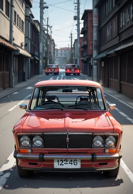 masterpiece, best quality, zh1g4, no humans, vehicle focus, car, street, red car,