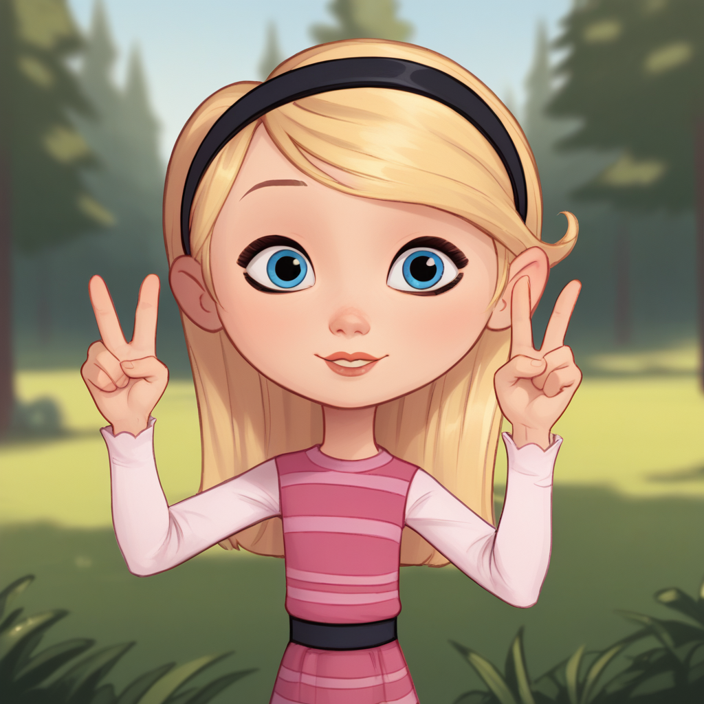score_9_up, score_8_up, BREAK, PennyPeterson, 1girl, solo, blonde hair, blue eyes, hairband, pink dress, striped dress, white sleeves, long sleeves, cowboy shot, double v, <lora:Penny_Peterson_PXL_Leaf2:1>, outdoors, depth of field,