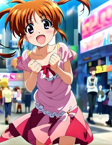 <lora:pony_xl_nanoha:0.8>,nanoha,score_9,score_8_up,score_7_up,source_anime,1girl,looking at viewer,bright girl,:d,smile,blush,open mouth,casual,cowboy_shot,clenched hands,hands in front of your chest,leaning_forward,knees_together_feet_apart,city,lens_flare,blurry,