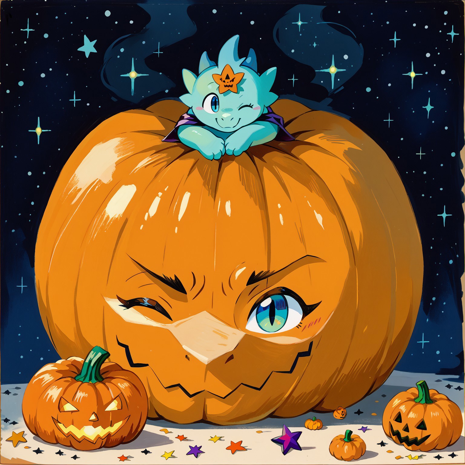 score_9, score_8_up, score_7_up, masterpiece, high quality, dragon, feral, cute, solo, lying, on side, (wink), star, (pumpkin head:1.1), (uwu), halloween, by dangpa, levelonerubili, sbfte, traditional media, painting (medium), watercolor (medium), zPDXL3