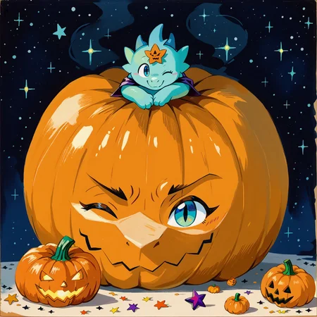 score_9, score_8_up, score_7_up, masterpiece, high quality, dragon, feral, cute, solo, lying, on side, (wink), star, (pumpkin head:1.1), (uwu), halloween, by dangpa, levelonerubili, sbfte, traditional media, painting (medium), watercolor (medium), zPDXL3