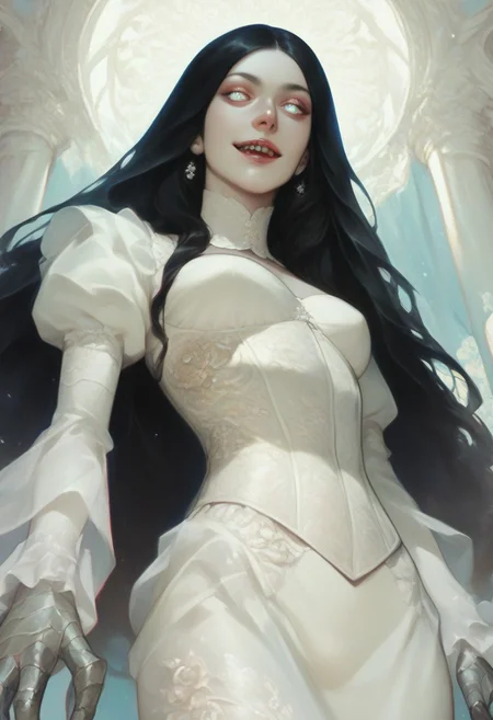 score_9, score_8_up, score_7_up, 1girl, pale white skin, black hair, straight hair, long hair, opal eyes, tall, slim, smile, corset, from below, pearl-white, metallic, flowing robes, translucent robes, sharp teeth, claws, detailed background, detailed shading, masterpiece, high quality, insane details, PRSNL4 Style, very aesthetic, digital drawing