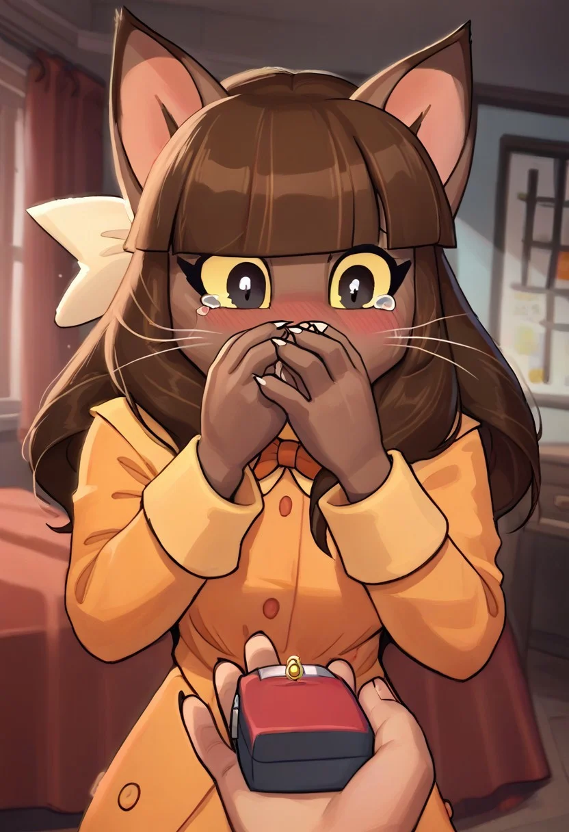 (score_9, score_8_up:1.1), score_7_up,, 
 rating_safe, source_cartoon, (close up on face, focus face), beautiful, emotional, covering mouth, looking down, 1girl, sexy girl, kawaii girl,furry anthro girl, cat ear, cute, 2 ears, furry girl, adult female, ivy, brown long hair,braids,blunt bangs,black eyes, colored sclera, yellow sclera, no human, furry, brown furr, cat ears,ivydress, orange bowtie,yellow coat, || yellow hair bow,, large breasts, <lora:ring-box-ponyxl-lora-nochekaiser:1>, ring box, ornate ring, marriage proposal, human hand holding ring, (one ring), diamond ring, human hand holding box, pov, pov hand, single hand holding box,, blush, super embarrassed, happy, tears of joy, blush, bed room,, looking down, cowboy shot, <lora:streaming-tears-ponyxl-lora-nochekaiser:1>, streaming tears, crying, tears,negative_hand