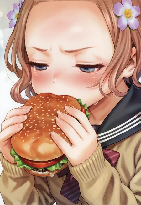 1girl, solo, face focus, brown hair, short hair, forehead, wavy hair, blue eyes, flower hair ornament, school uniform, sailor collar, cardigan,
blush, tears, holding food, burger, eating, half-closed eyes, looking down,
masterpiece, best quality, amazing quality, absurdres, newest,
<lora:renji_murata:1>