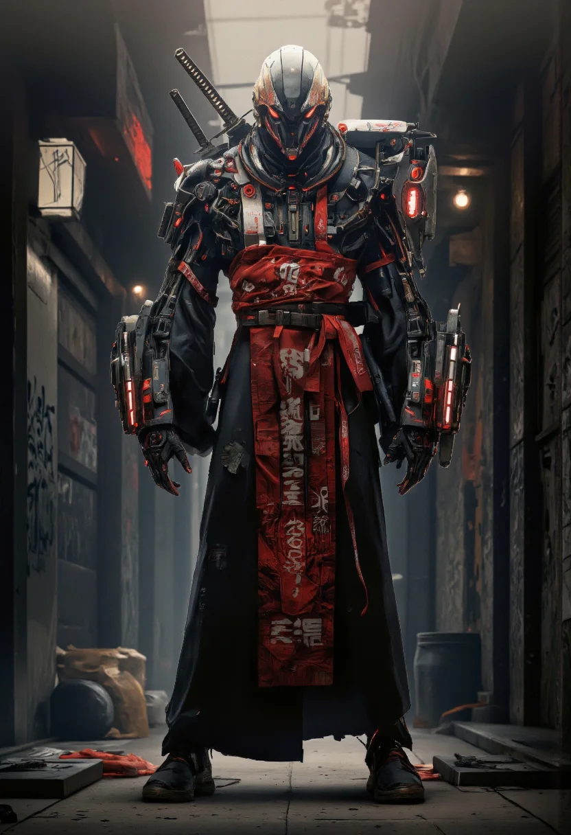 . A cyberpunk digital illustration shoot from a frontal camera angle about a futuristic, cybernetic humanoid robot standing confidently in a dimly lit alleyway, wearing a red and black kimono with intricate patterns and japanese writing on it. the robot is positioned in the middle of the image, facing the viewer, with its full body visible from the front. it has a sleek, black and red design with glowing red accents, and its armor is adorned with various mechanical parts, including a katana, obi, and a sash. the background is dark and gritty, with neon lights and graffiti-covered walls, and the overall atmosphere is ominous and ominous, with a sense of danger and intensity.