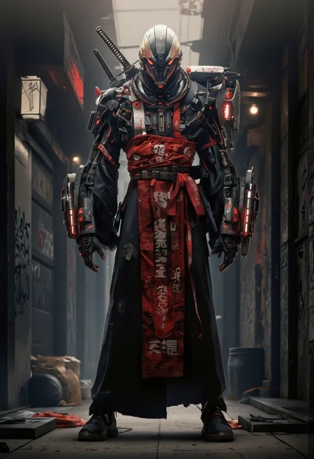 . A cyberpunk digital illustration shoot from a frontal camera angle about a futuristic, cybernetic humanoid robot standing confidently in a dimly lit alleyway, wearing a red and black kimono with intricate patterns and japanese writing on it. the robot is positioned in the middle of the image, facing the viewer, with its full body visible from the front. it has a sleek, black and red design with glowing red accents, and its armor is adorned with various mechanical parts, including a katana, obi, and a sash. the background is dark and gritty, with neon lights and graffiti-covered walls, and the overall atmosphere is ominous and ominous, with a sense of danger and intensity.
