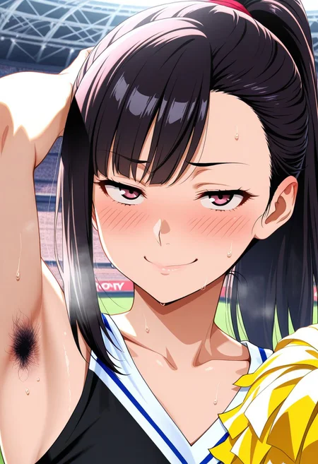 detailed armpits,((armpits focus)),((extreme close-up)),pov,hands in own hair,[female armpit hair],BREAK 8k,ultra sharp, ultra detailed, high contrast, good contrast,Highly Detailed, Masterpiece, Absurd, High Resolution,Perfect Anatomy,Cinematic Lighting,Colorful,Erotic_style,uncensored,anime_coloring,anime_screencap,BREAK 1girl,sanpaku,garnet eyes,long hair,long ponytail,(ivory black hair,asymmetrical bangs),BREAK ((yellow solid cheerleader)),embarrassed,smug,sweat,steam,look at viewer,stadium,