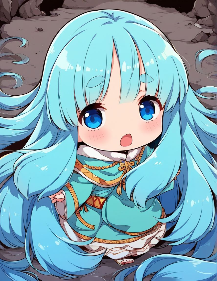 score_9, score_8_up, score_7_up, source_anime, rating_explicit, BREAK  <lora:Runemaster_XL:1>
runemaster, long hair, blue eyes,  bangs, very long hair, aqua hair, thick eyebrows, blue hair, chibi,　looking to the side,From Behind,
cave,