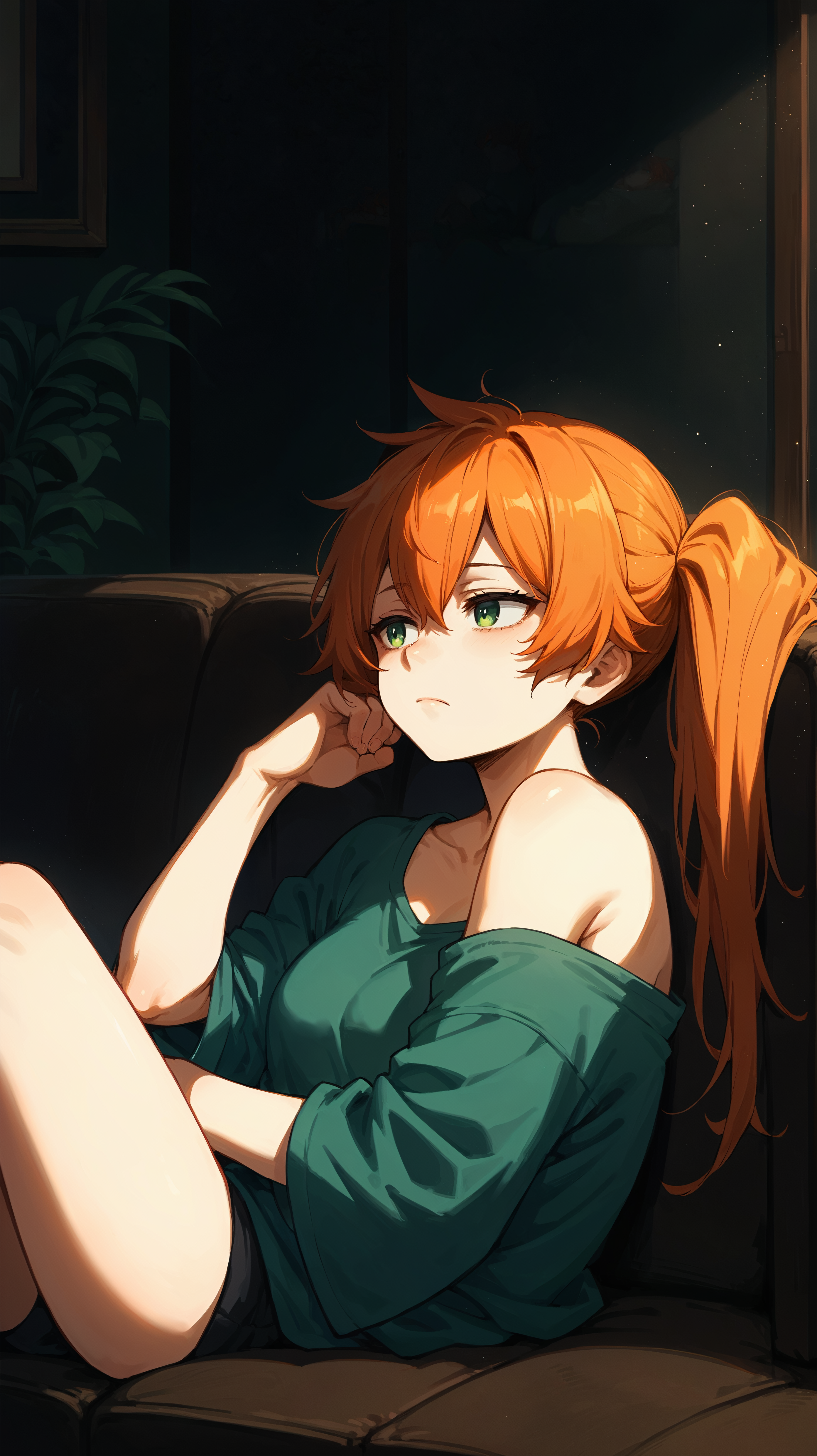 score_9,score_8_up,score_7_up,score_6_up, <lora:xl_more_art-full_v1:0.5>, source_anime, girl, dynamic pose, resting head on hands, <lora:Itsuka Kendo (Battle Fist) - Pony-000004:0.8>, long hair, orange hair, side ponytail, green eyes, oversized shirt, one bare shoulder, living room, couch, relaxing, dim lighting, dark room, tired, exhausted,