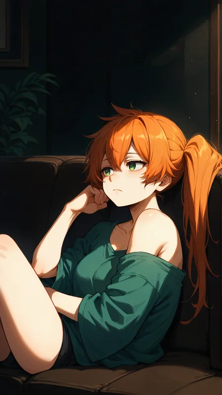score_9,score_8_up,score_7_up,score_6_up, <lora:xl_more_art-full_v1:0.5>, source_anime, girl, dynamic pose, resting head on hands, <lora:Itsuka Kendo (Battle Fist) - Pony-000004:0.8>, long hair, orange hair, side ponytail, green eyes, oversized shirt, one bare shoulder, living room, couch, relaxing, dim lighting, dark room, tired, exhausted,
