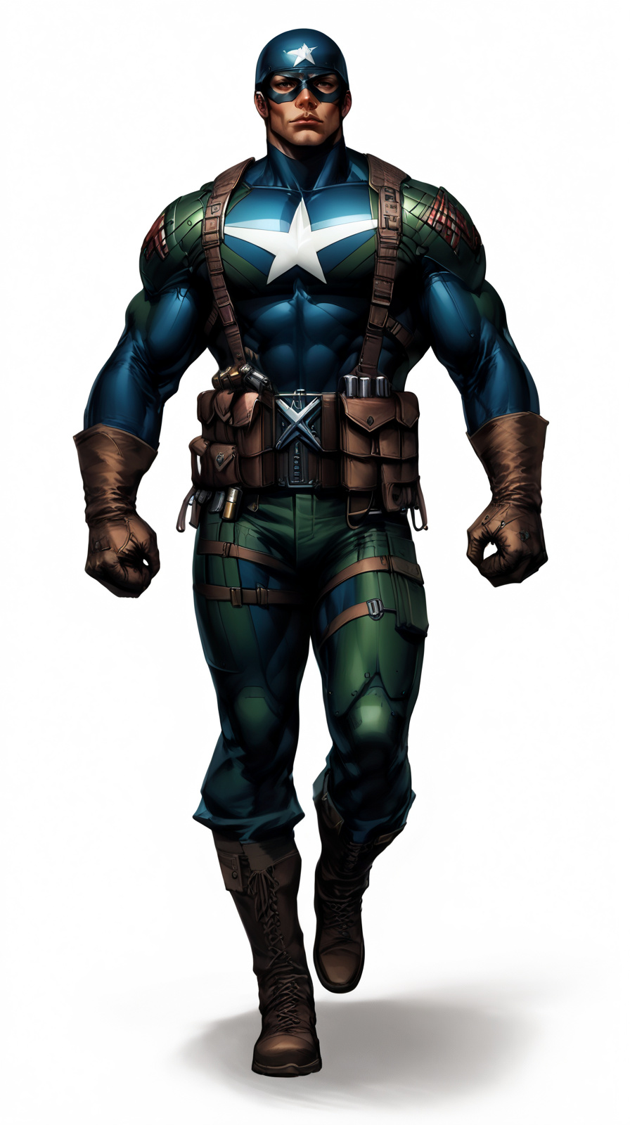 score_9, score_8_up, score_7_up, a man with a strong jaw in a tactical navy blue (muscled superhero costume with green armored highlights:1.2), (m1 helmet:1.4), (superhero domino mask:1.2), leather gloves, laced combat boots, bullet bandolier across his chest, gunslinger belt, huge biceps, (white background:1.2), character design, concept art, detailed face, high Detail, Sharp focus, dramatic, (full body shot:1.2), (solo:1.2), <lora:ArtgermLycoXL:0.5> <lora:c0rb3nXLP:0.5> c0rb3n <lora:detailed_hands:1> hands, <lora:ComicsPonyXL_V2:0.7> Comistyle  <lora:WW2_Superhero_Costume:1>