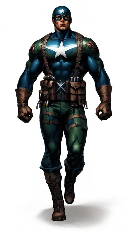 score_9, score_8_up, score_7_up, a man with a strong jaw in a tactical navy blue (muscled superhero costume with green armored highlights:1.2), (m1 helmet:1.4), (superhero domino mask:1.2), leather gloves, laced combat boots, bullet bandolier across his chest, gunslinger belt, huge biceps, (white background:1.2), character design, concept art, detailed face, high Detail, Sharp focus, dramatic, (full body shot:1.2), (solo:1.2), <lora:ArtgermLycoXL:0.5> <lora:c0rb3nXLP:0.5> c0rb3n <lora:detailed_hands:1> hands, <lora:ComicsPonyXL_V2:0.7> Comistyle <lora:WW2_Superhero_Costume:1>