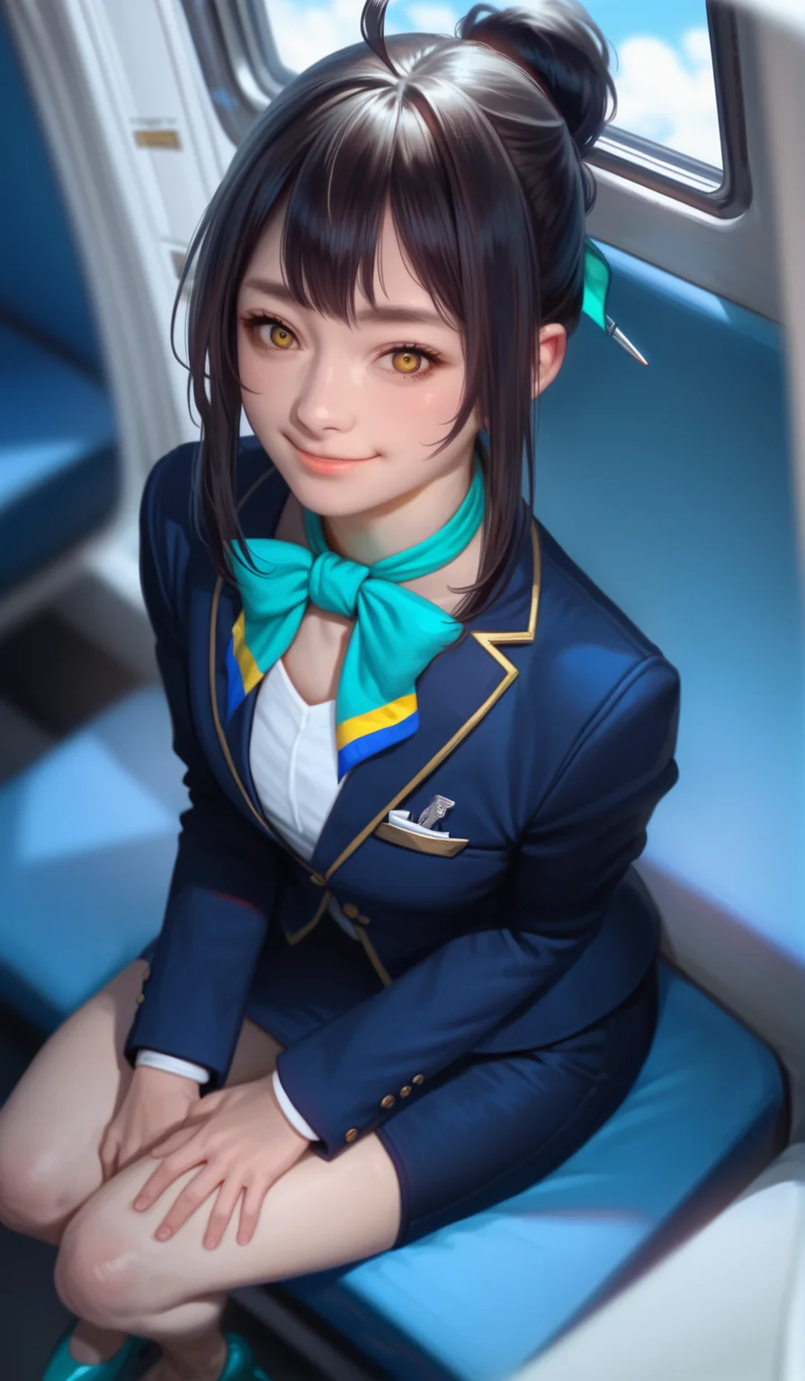 score_9,score_8_up,score_7_up,
<lora:xinxianying:0.9>,xinxianying,
highres,photorealism,bloom,
1girl,solo,black hair,updo,bangs,ahoge,yellow eyes,looking at viewer,smile,dark blue blazer,white undershirt,dark blue pencil skirt,teal neckerchief,cyan heels,
sitting,from above,hands on legs,
elegant,
blurry background,
indoors,airplane interior,
blue sky,cloud,in ari,
light particlest,Lens Flare,
