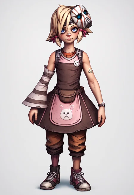 score_9, score_8_up, score_7_up, BREAK
1girl, tinytina, blonde hair, short hair, blue eyes, mask on head, bandaid on nose,
apron, boots, detached sleeves, pants, sneakers,
full body, standing, looking at viewer, solo, simple background, white background <lora:TinyTinaXL:1> <lora:BorderlandsXL:1>