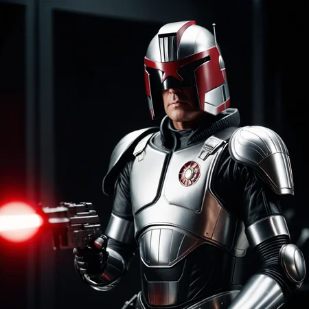 cinematic film still ((cylon:1.5 robot)), silver skin, chrome shiny suit, ((parody)), battlestar galactica 1978 sci fi, vintage film, red lasers, holding weapon, full body,  film grain, (chromatic abberation:1.3),  robot, visor, high quality,  lens flare, blurry foreground, bokeh, <lora:Char_maj-JudgeDredd2012v2-SDXL:0.60> (screengrab from battlestar galactica)  . shallow depth of field, vignette, highly detailed, high budget, bokeh, cinemascope, moody, epic, gorgeous, film grain, grainy