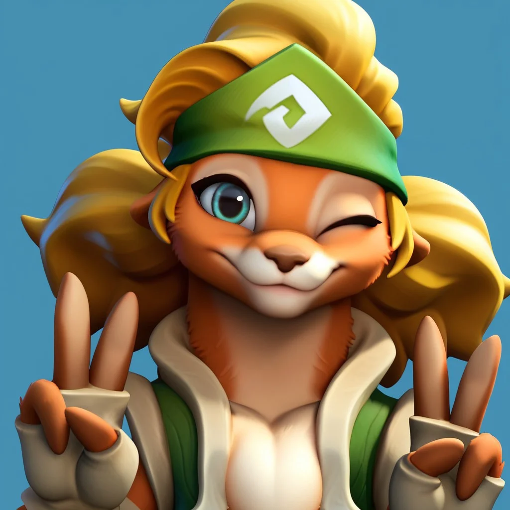 score_9, score_8_up, score_7_up, Expressiveh, masterpiece, best quality, highly detailed, realistic, 1girl, solo, (LunaNK, furry, anthro, mongoose, headwear, green headkerchief, blonde hair, twintails, medium hair, green eyes, black pupils, brown nose, orange body, orange fur, white body, white fur, two tone body, two tone fur, white chest tuft, green vest, open vest), upper body, close-up, blue background, simple background, closed mouth, smile, looking at viewer, one eye closed, (peace sign, white fingerless gloves), ((4 fingers))