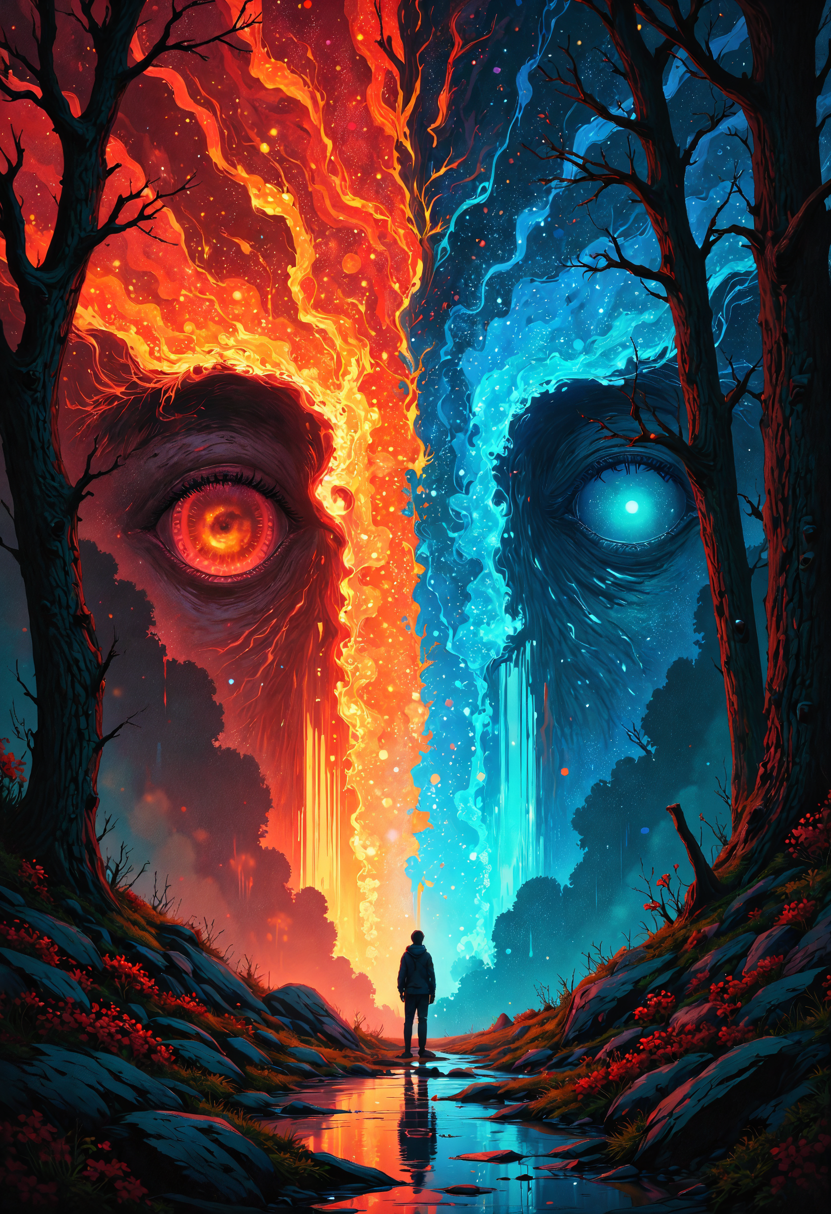 A masterfully crafted surreal illustration featuring a striking dual composition, The scene showcases a vivid dreamlike forest divided by a glowing vertical portal of molten orange and cool blue light, On one side a radiant female face emerges from the fiery glow her expression serene yet intense, on the other a somber icy counterpart with a melancholy gaze, both faces blending into their respective halves of the environment, Below them, a lone figure stands on a reflective wet forest floor silhouetted against the portal surrounded by rich red and teal foliage, Cinematic lighting highlights the dramatic contrasts between warmth and cold blending magical realism with an ethereal atmosphere, The overall tone is mystical symbolic and emotionally charged, semi-realistic digital painting with high contrast and bold color dynamics, (elaborate fine details:1.1), (hyperdetailed:1.1), (intricate details:1.0), (Refined details:1.1), (best quality:1.1), (high resolution:1.2),