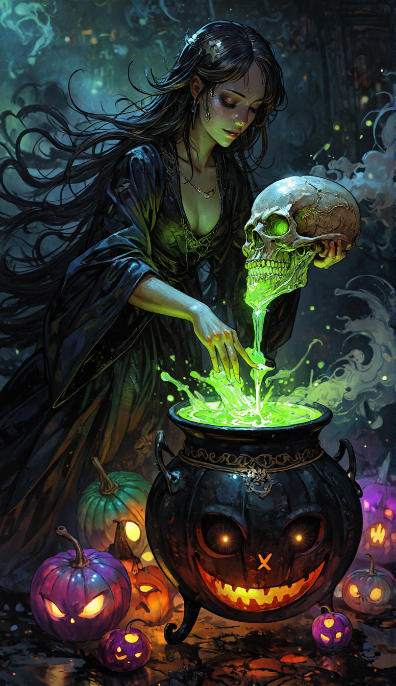 Create a fantasy realism-style artwork with a half-body composition. On the left third of the image, a beautiful, mysterious witch with a dreamy, distant gaze is dressed in a flowing black silk robe. Her long, dark hair cascades over her shoulders as she holds a human skull in both hands, positioned above a large cauldron. From the mouth of the skull, a thick, glowing, viscous liquid continuously pours into the Halloween-themed pumpkin cauldron, which is designed to resemble a carved jack-o'-lantern. The cauldron is filled with bubbling green SOUP, glowing brightly as it mixes with the skull's mysterious liquid. Surrounding the scene is a thick, swirling mist that envelops the witch and the cauldron, adding an eerie, magical atmosphere. Decorated Halloween pumpkins, carved with spooky faces, are scattered around the scene, with their eyes flickering in glowing neon colors—greens, purples, oranges, and blues—casting an eerie glow. The mist reflects the flickering lights, enhancing the mysterious, mystical mood of the artwork  <lora:FantasyAnimeRealism:0.7>  <lora:FLUX_animeniji_Animeniji_01:0.7>