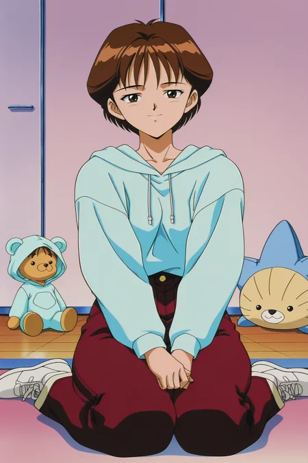 anime coloring, anime screencap, masterpiece, best quality, amazing quality,
1990s (style), retro artstyle,
<lora:All_4_DNA²_heroines_Ami_Kurimoto_Karin_Aoi_Kotomi_Takanashi_and_Tomoko_Saeki:.9>
Ami Kurimoto, brown hair, short hair, light blue hoodie, light blue hood, 1girl, pants, solo, sitting, long sleeves, indoors, wariza, stuffed toy, facing the viewer, smile