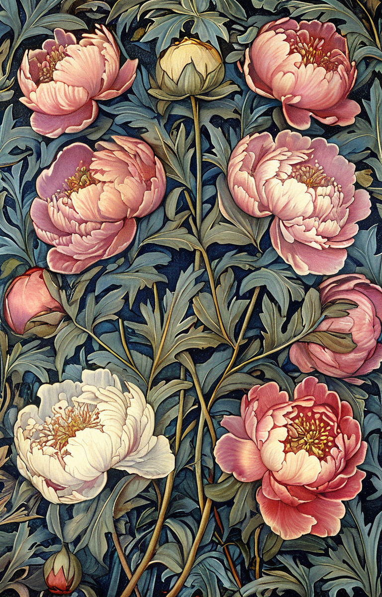 masterpiece,best quality,<lora:tbh192-sdxl:0.9>,illustration,style of William Morris decaying peonies