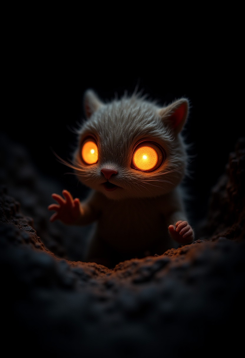 a cute, furry creature coming out of a dark hole. its eyes are glowing