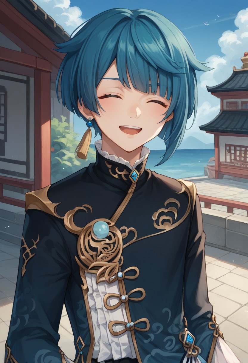 score_9, score_8_up, score_7_up, source_anime, highly detailed, 
Xingqiu, 1boy, male focus, solo, dark blue hair, bangs, short hair, closed eyes, jewelry, earrings, single earring, tassel earrings, tassel, chinese clothes, coat, blue coat, frills, shirt, frilled shirt collar, upper body, smile, open mouth, happy,
outdoor, building, oriental,