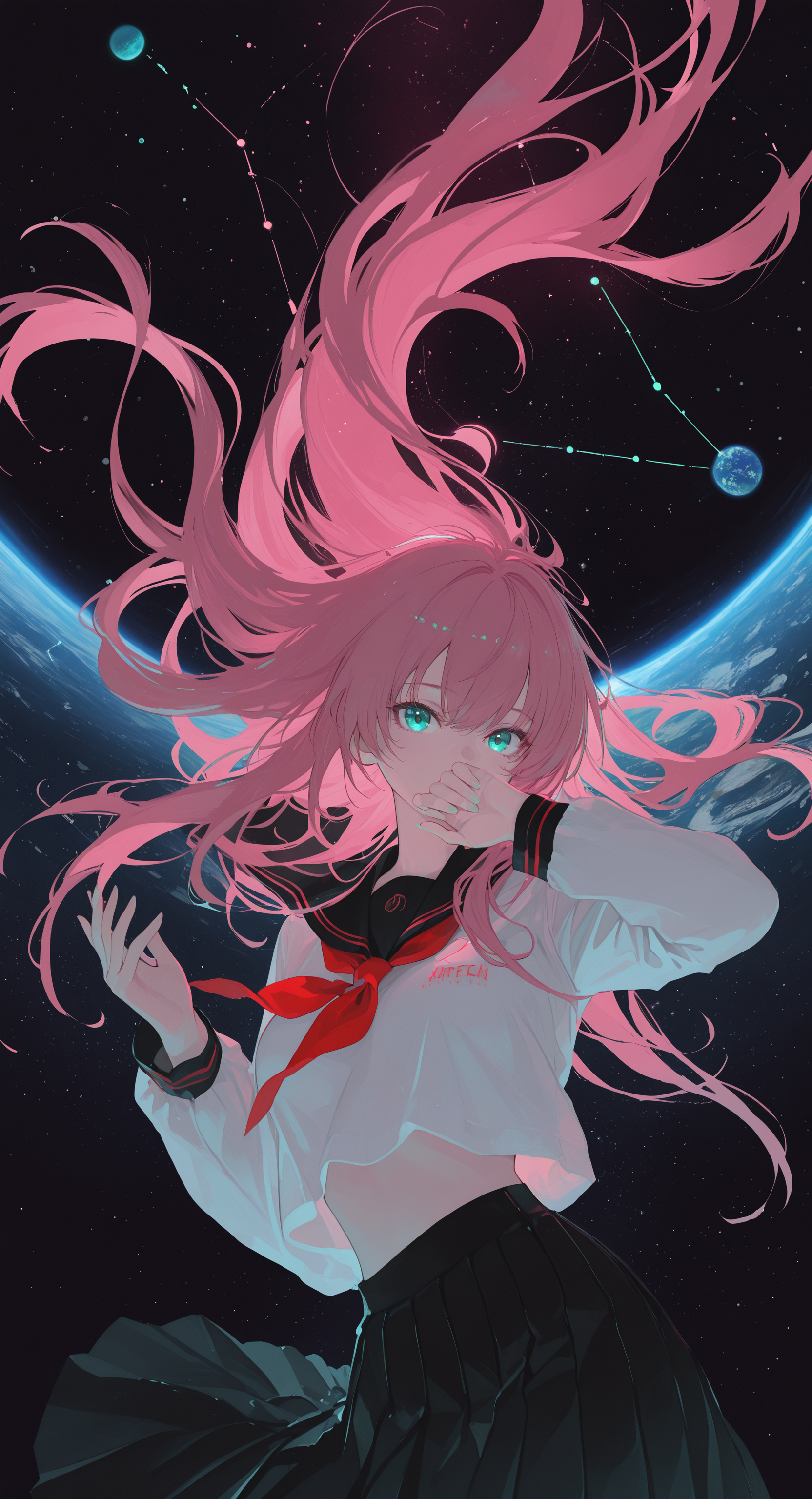 masterpiece, best quality, good quality, very awa, newest, highres, absurdres, megurine luka, 1girl, solo, long hair, looking at viewer, shirt, skirt, long sleeves, very long hair, green eyes, school uniform, white shirt, pink hair, cowboy shot, pleated skirt, serafuku, midriff, black skirt, sailor collar, aqua eyes, hands up, neckerchief, floating hair, star \(sky\), red neckerchief, black sailor collar, starry sky, covering own mouth, covered mouth, hand to own mouth, space, planet, circle, constellation, hand over own mouth, zodiac, limited palette, h4ra_illu <lora:illustriousXL_stabilizer_v1.23:0.3> <lora:NOOB_vp1_detailer_by_volnovik_v1:0.3> <lora:ponyv6_noobE11_2_adamW-000017:0.3> <lora:114558v4df2fsdf5:0.6> <lora:XXX667:0.4> <lora:mon_monmon2133:0.5> <lora:hara_id_21:0.6>