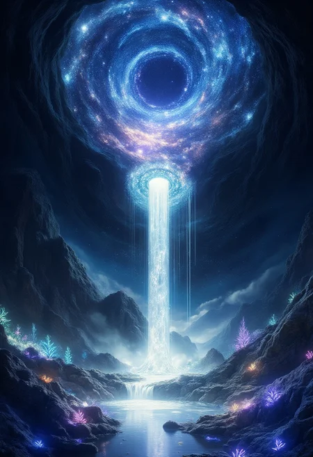 Improved cinematic photo, 35mm photograph, film, professional, 4k, highly detailed, aidmaMJ6.1,
A celestial waterfall flowing upward into the stars,
The waterfall begins at the edge of a glowing, crystal-like pool, its water shimmering with hues of silver, turquoise, and lavender. Instead of cascading downward, the water defies gravity, flowing smoothly upward in a graceful arc, disappearing into a swirling vortex of starlight in the sky.
The surrounding landscape is a rocky, alien terrain with glowing, bioluminescent plants scattered across the edges of the pool. The air is filled with soft, glowing mist, catching the light from the stars and creating a dreamlike ambiance.
Above, the night sky is a dazzling tapestry of galaxies, nebulae, and countless stars, with the upward-flowing water appearing to connect the earth to the cosmos. The scene feels both tranquil and otherworldly, evoking a sense of wonder and connection to the infinite.