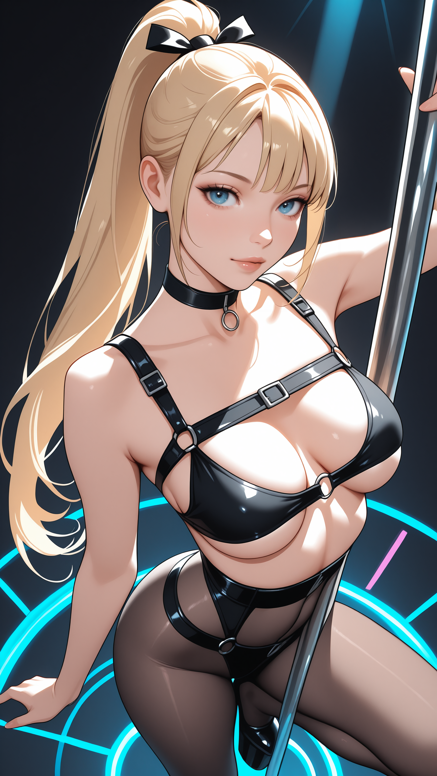 masterpiece, best quality, high resolution, very aesthetic, absurdres, newest, professional, high-quality, hyper-realistic, portrait of a woman, looking at viewer, detailed eyes, realistic body, 
woman, blonde, ponytail, looking at viewer,
pole dancing,
rvnss, underboob, black harness, pantyhose, highwaist thong, platform shoes, choker,
high angle, front view, moddy lighting, neon colors, dark background,  neon back lighting <lora:raveness:1>