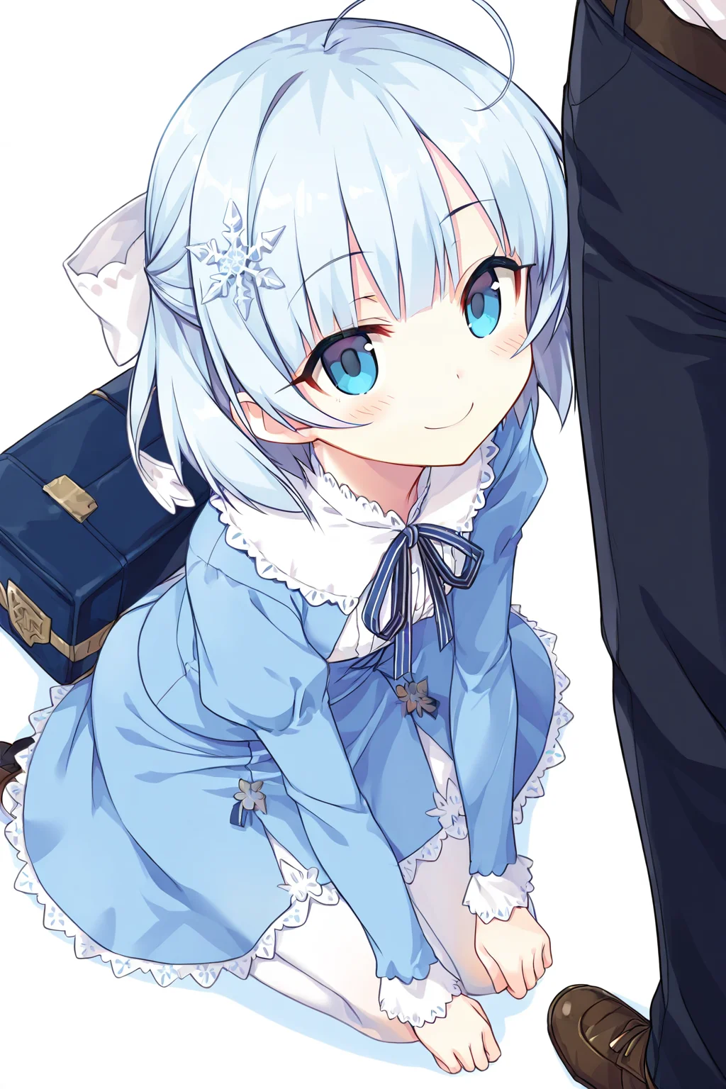 <lora:CURA IL:0.7>,tina howard,blue eyes,ahoge,shirt,white background,long sleeves,white shirt,hair ornament,shoes,blue hair,skirt,ribbon,blue skirt,short hair,bangs,frills,snowflake hair ornament,blue ribbon,, 1girl,masterpiece,best quality,amazing quality,very aesthetic,absurdres,newest,8K,prefect face, uncensored,, looking at viewer,, smile,