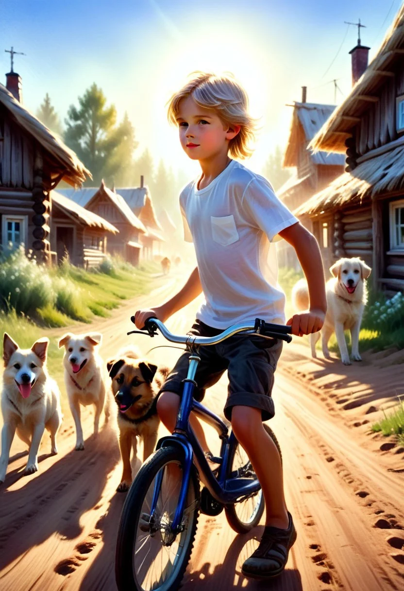 a boy of about with pink cheeks and white, flowing hair, rushes on a bicycle, overtaking a pack of dogs along a rural, sandy road, a background of old, log (((Russian village houses))), towards the first rays of the summer sun, watercolor areography style Mikhail Garmash
