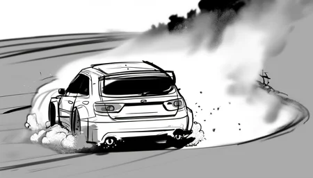 storyboard sketch of Rally car drifting around a tight corner, gravel spraying out. <lora:storyboard sketch:0.8>