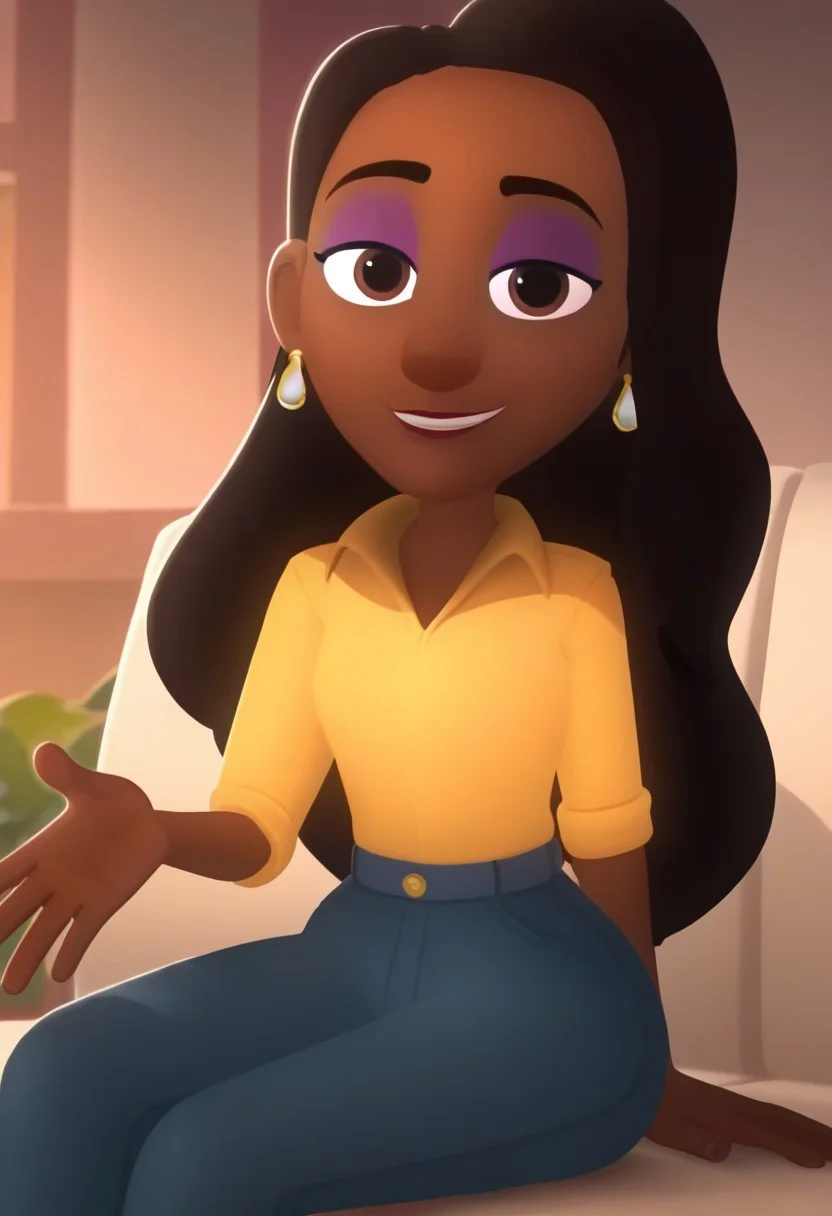 , pants, dark skin, shirt, brown eyes, purple eyeshadow, looking at viewer, earrings, long hair, smile, , dark-skinned female, yellow shirt, black hair, makeup, sitting, solo