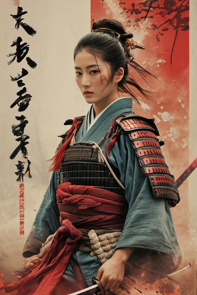 Akira Kurosawa's cinematic style poster,A 28-year-old girl,full body shoot,embodying the spirit of a Samurai from the Warring States Period in Japan. Brightly colored,with a backdrop of war,She wears traditional samurai armor adorned with intricate details,holding a katana with determination,The falling smoke of gunpowder,symbolizing the beauty amidst conflict,Detailed,historical,and with a touch of elegance,cinematic,detailed,style dominated by red,minimalist composition shimmer,edge ligh,<lora:Samurai:0.8>,