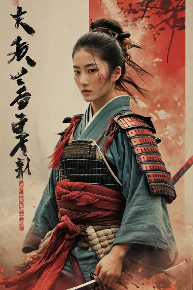 Akira Kurosawa's cinematic style poster,A 28-year-old girl,full body shoot,embodying the spirit of a Samurai from the Warring States Period in Japan. Brightly colored,with a backdrop of war,She wears traditional samurai armor adorned with intricate details,holding a katana with determination,The falling smoke of gunpowder,symbolizing the beauty amidst conflict,Detailed,historical,and with a touch of elegance,cinematic,detailed,style dominated by red,minimalist composition shimmer,edge ligh,<lora:Samurai:0.8>,