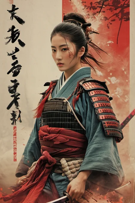 Akira Kurosawa's cinematic style poster,A 28-year-old girl,full body shoot,embodying the spirit of a Samurai from the Warring States Period in Japan. Brightly colored,with a backdrop of war,She wears traditional samurai armor adorned with intricate details,holding a katana with determination,The falling smoke of gunpowder,symbolizing the beauty amidst conflict,Detailed,historical,and with a touch of elegance,cinematic,detailed,style dominated by red,minimalist composition shimmer,edge ligh,<lora:Samurai:0.8>,