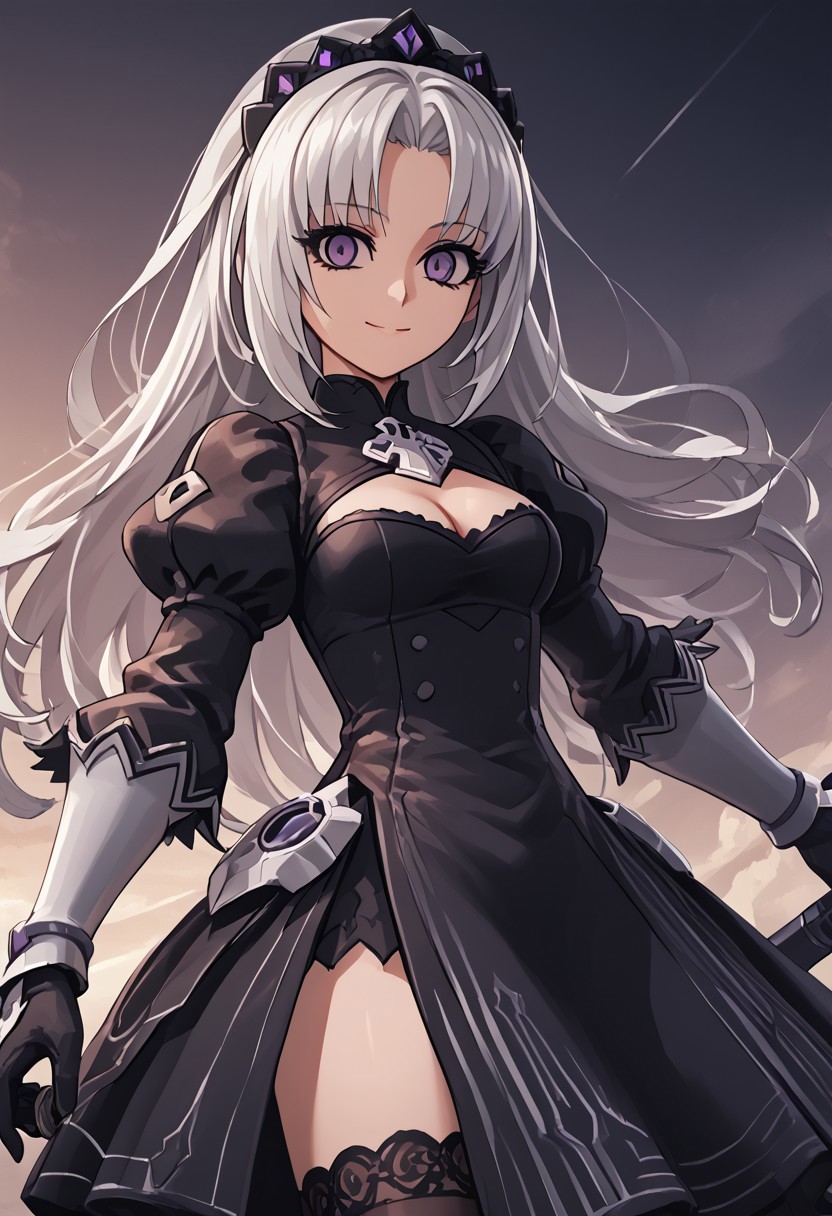 score_4,score_5,score_6,score_7_up,score_8_up,score_9 ((masterpiece,best quality,ultra detailed,highres,HD,4k:1.2)),
Azure Striker Gunvolt(Main),shining highlights,
1girl, solo, girl forcus,solo forcus
Elise(V2),grey hair,long hair,Forehead,parted bangs,purple eyes,Strong-willed, strong-willed woman, sharp eyes, slanted eyes,
long_sleeves, gloves, dress, cleavage,black_gloves, puffy_sleeves, black_thighhighs,  black_dress, clothing_cutout, cleavage_cutout, juliet_sleeves, vambraces, 
smile,light smile,