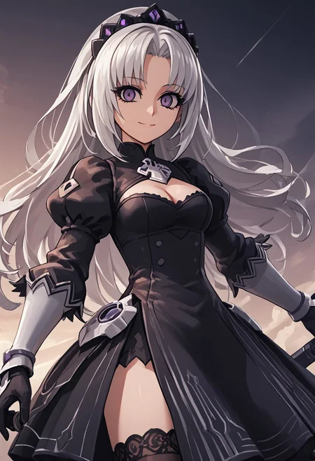 score_4,score_5,score_6,score_7_up,score_8_up,score_9 ((masterpiece,best quality,ultra detailed,highres,HD,4k:1.2)),
Azure Striker Gunvolt(Main),shining highlights,
1girl, solo, girl forcus,solo forcus
Elise(V2),grey hair,long hair,Forehead,parted bangs,purple eyes,Strong-willed, strong-willed woman, sharp eyes, slanted eyes,
long_sleeves, gloves, dress, cleavage,black_gloves, puffy_sleeves, black_thighhighs, black_dress, clothing_cutout, cleavage_cutout, juliet_sleeves, vambraces,
smile,light smile,