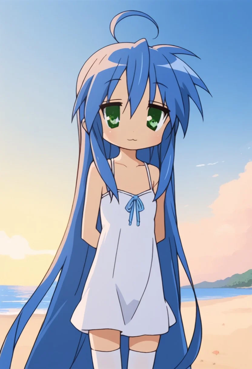 score_9, score_8, score_7_up, 1girl, solo, konata izumi, long hair, very long hair, green eyes, blue hair, ahoge, small breasts, white summer dress, thighhighs,, outdoors, standing, beach, blue sky, looking at viewer, dutch angle, cowboy shot,