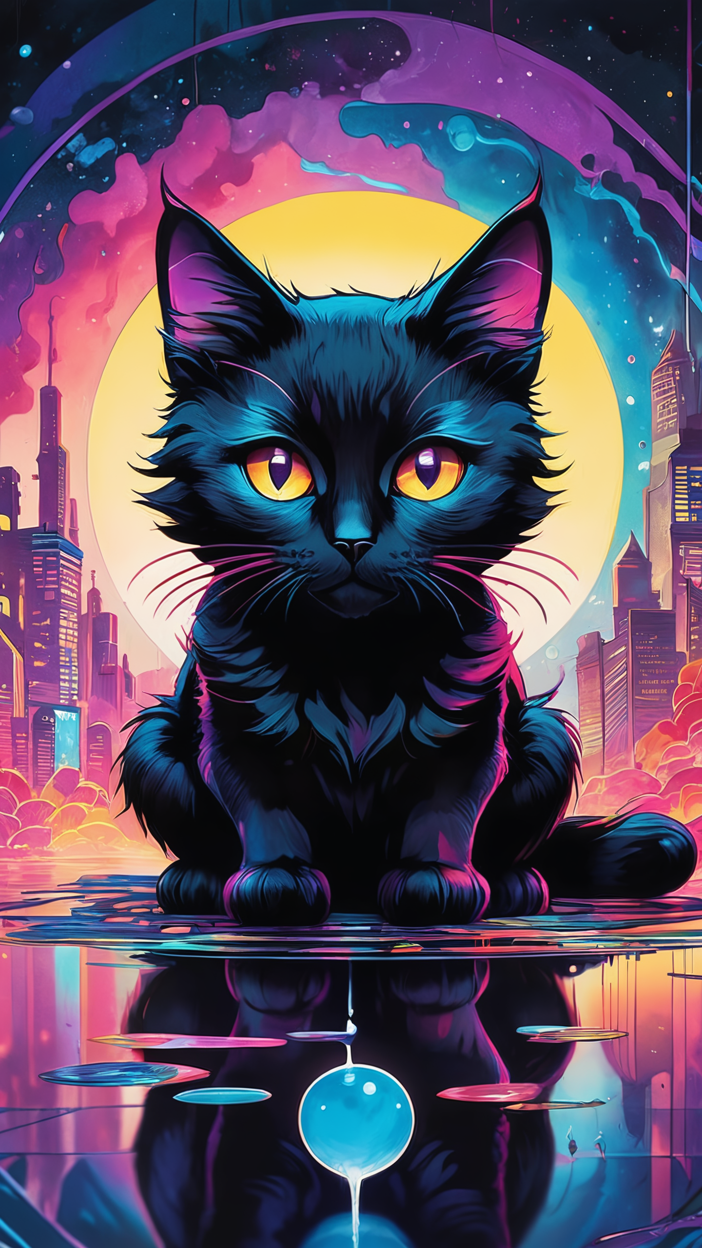 amazing watercolor painting  award winning, ((masterpiece)), ((best quality)), ((detailed)), Unparalleled, ((Enchanting)), ((Impressive)), a black cat sitting on top of a reflective surface, cyberpunk art, inspired by Dan Mumford, furry art, details and vivid colors, electric wallpaper, beeple and jeremiah ketner, multicolored vector art, intricate, in a painting of a cat, full res psychedelic therapy, trending on ArtStation, ink splatters, pen lines, incredible detail, creative, positive energy, happy, unique, negative space, pure imagination painted by artgerm ,Surreal Harmony, SLPASHTER_3-7000, Gorgeous splash of vibrant paint, colorful paint, Colorsplash