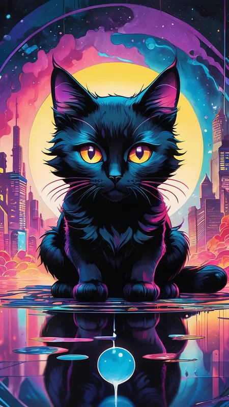 amazing watercolor painting award winning, ((masterpiece)), ((best quality)), ((detailed)), Unparalleled, ((Enchanting)), ((Impressive)), a black cat sitting on top of a reflective surface, cyberpunk art, inspired by Dan Mumford, furry art, details and vivid colors, electric wallpaper, beeple and jeremiah ketner, multicolored vector art, intricate, in a painting of a cat, full res psychedelic therapy, trending on ArtStation, ink splatters, pen lines, incredible detail, creative, positive energy, happy, unique, negative space, pure imagination painted by artgerm ,Surreal Harmony, SLPASHTER_3-7000, Gorgeous splash of vibrant paint, colorful paint, Colorsplash