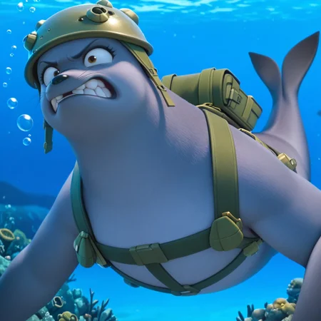 masterpiece, best quality, amazing quality, b3th1, female, furry female, feral, solo, sea lion, grey fur, brown eyes, eyelashes, black nose, whiskers, small ears, buck teeth, missing front teeth, spots on fur, flippers (limbs), army helmet, bandolier, straps, backpack, fat, angry, underwater, fullbody, outdoors, ocean